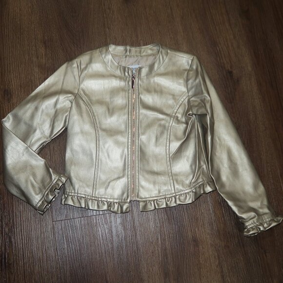 Girls Mayoral Metallic Gold Faux Leather Ruffle Trim Casual Zip Front Jacket 8